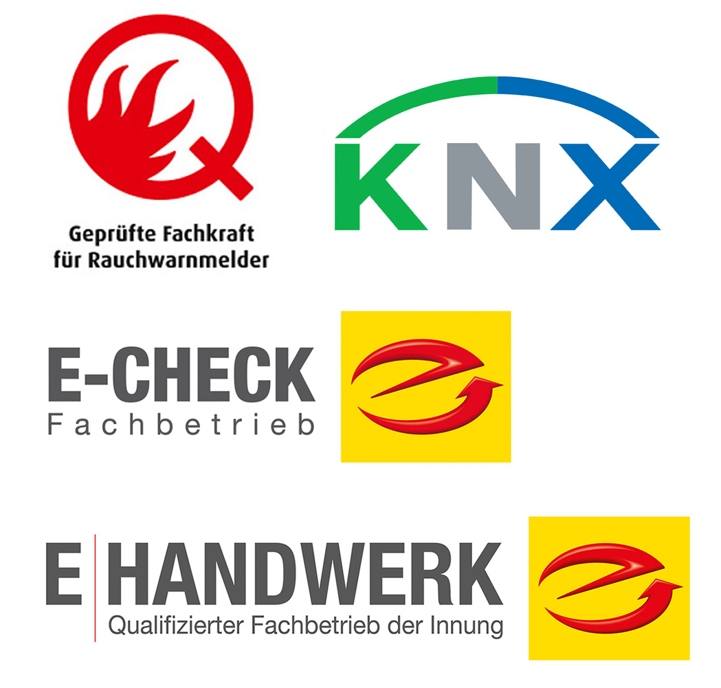 mehrere Zertifikate: Geprüfte Fachkraft für Rauchwandmelder. KNX. E-Check Fachbetrieb. EHANDWERK Qualifizierter Fachbetrieb der Innung